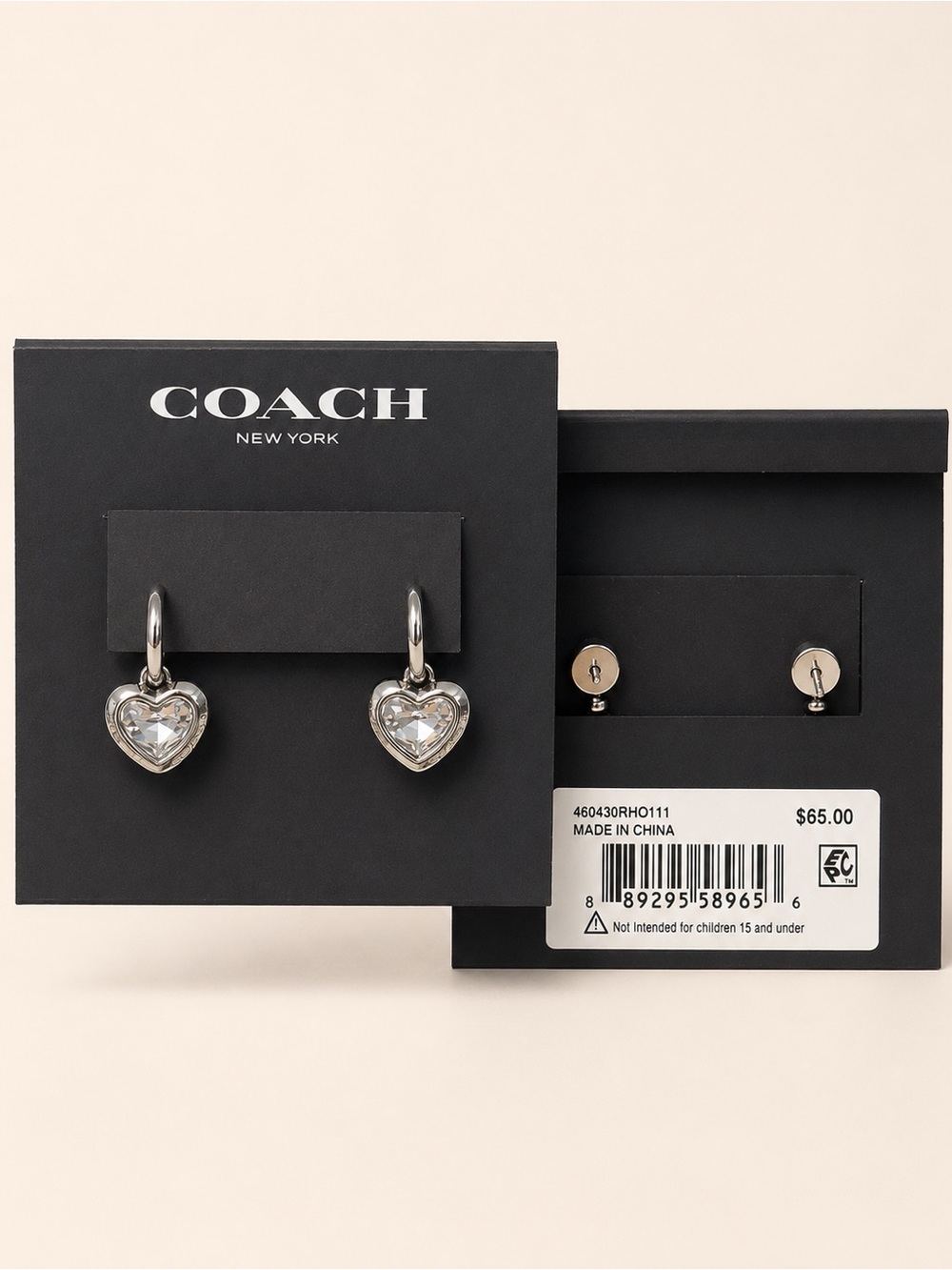 Coach Crystal Heart Huggie Hoop Earrings Silver Tone - Picture 3 of 4